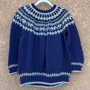 Hand Crafted Navy and White Patterned Crew Neck Sweater